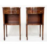 BOWFRONT LAMP TABLES, a pair, George III design figured mahogany and boxwood lined each with