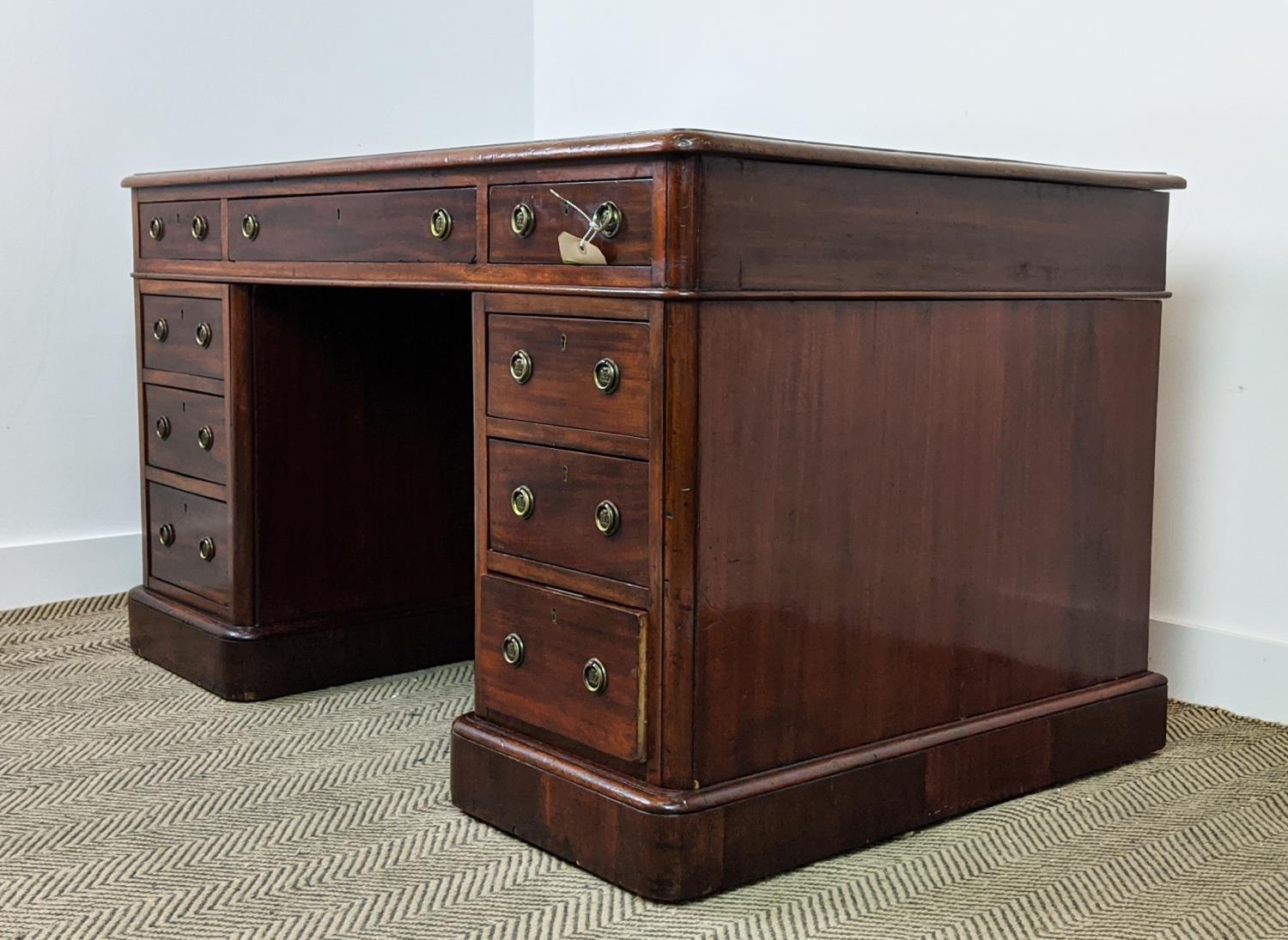 PEDESTAL DESK, Victorian mahogany with a tooled inlaid green leather top over nine drawers, 140cm - Bild 10 aus 18