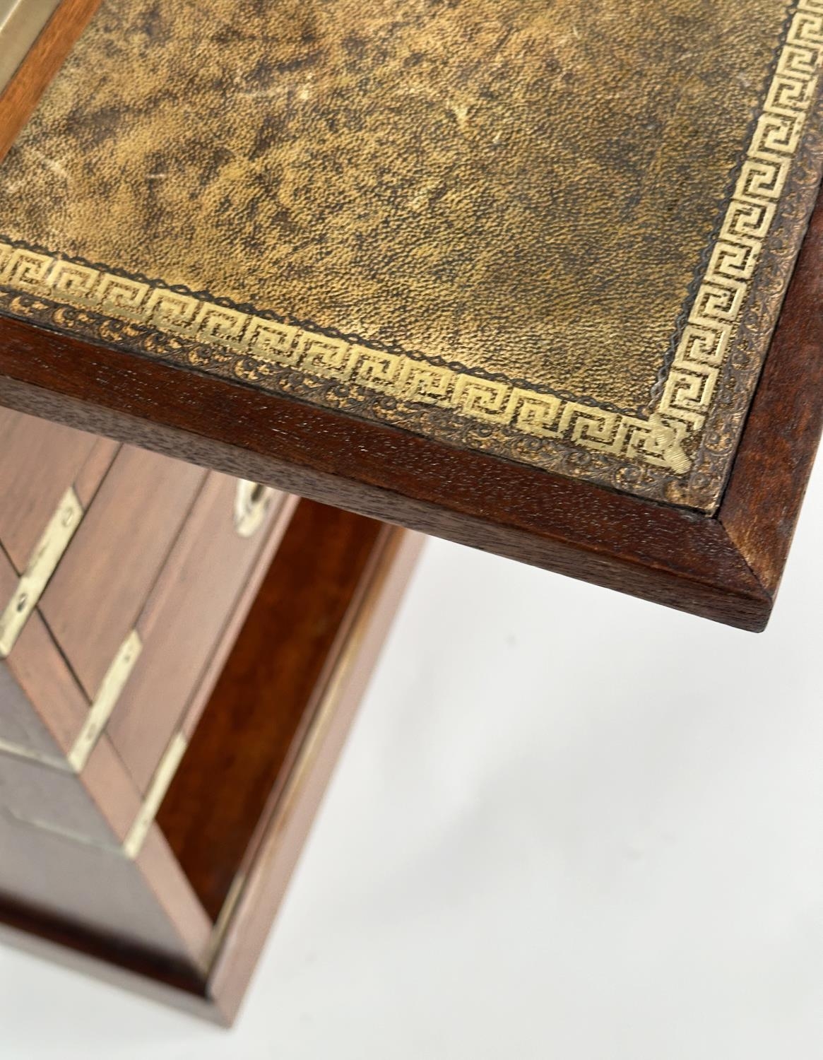 CAMPAIGN STYLE CHESTS, a pair, mahogany and brass bound with tooled leather and three drawers, - Image 13 of 20