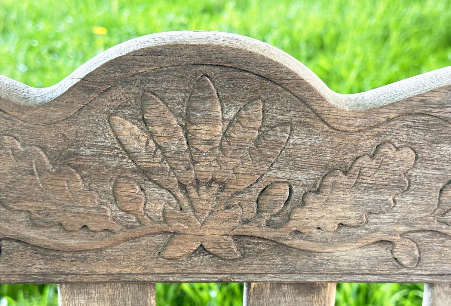 GARDEN BENCH BY 'BRIDGMAN AND CO', well weathered teak slatted with shaped yoke and shaped flat - Image 6 of 18