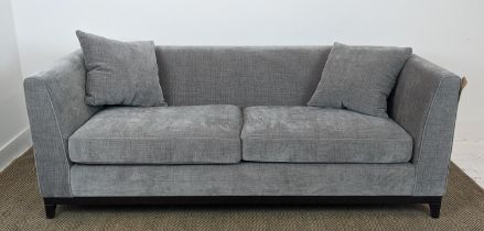 SOFA, dark grey upholstered, ebonised supports, 200cm x 85cm x 90cm.