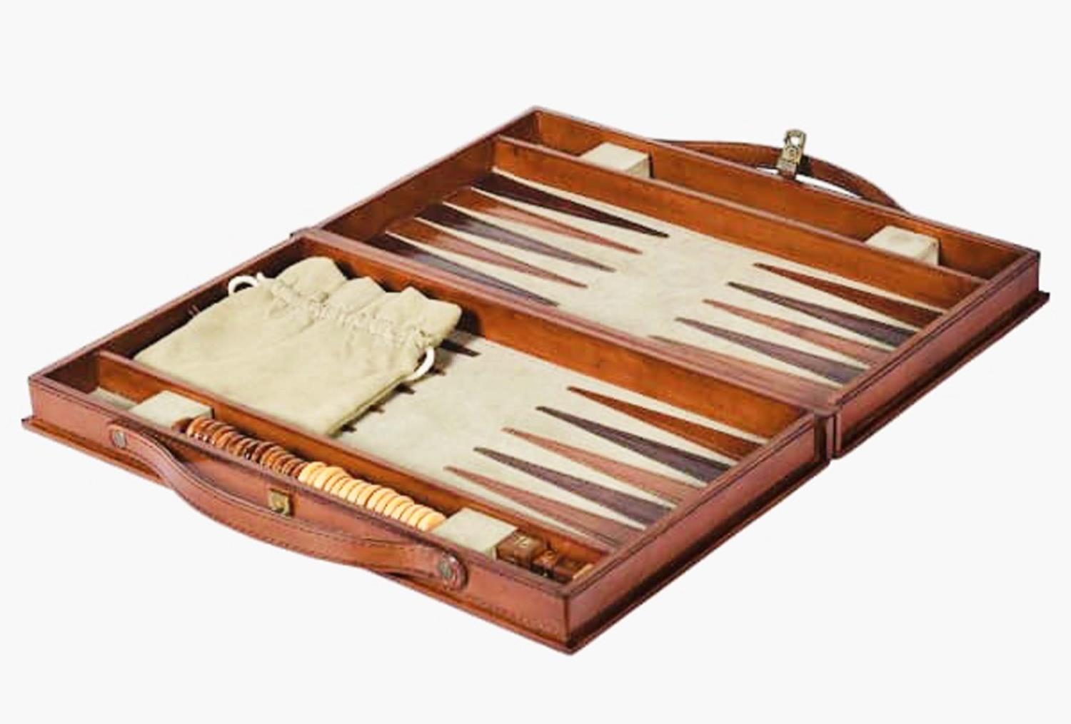 BACKGAMMON SET, in leathered case, complete with counters, 7cm x 23cm x 40cm. - Image 6 of 6