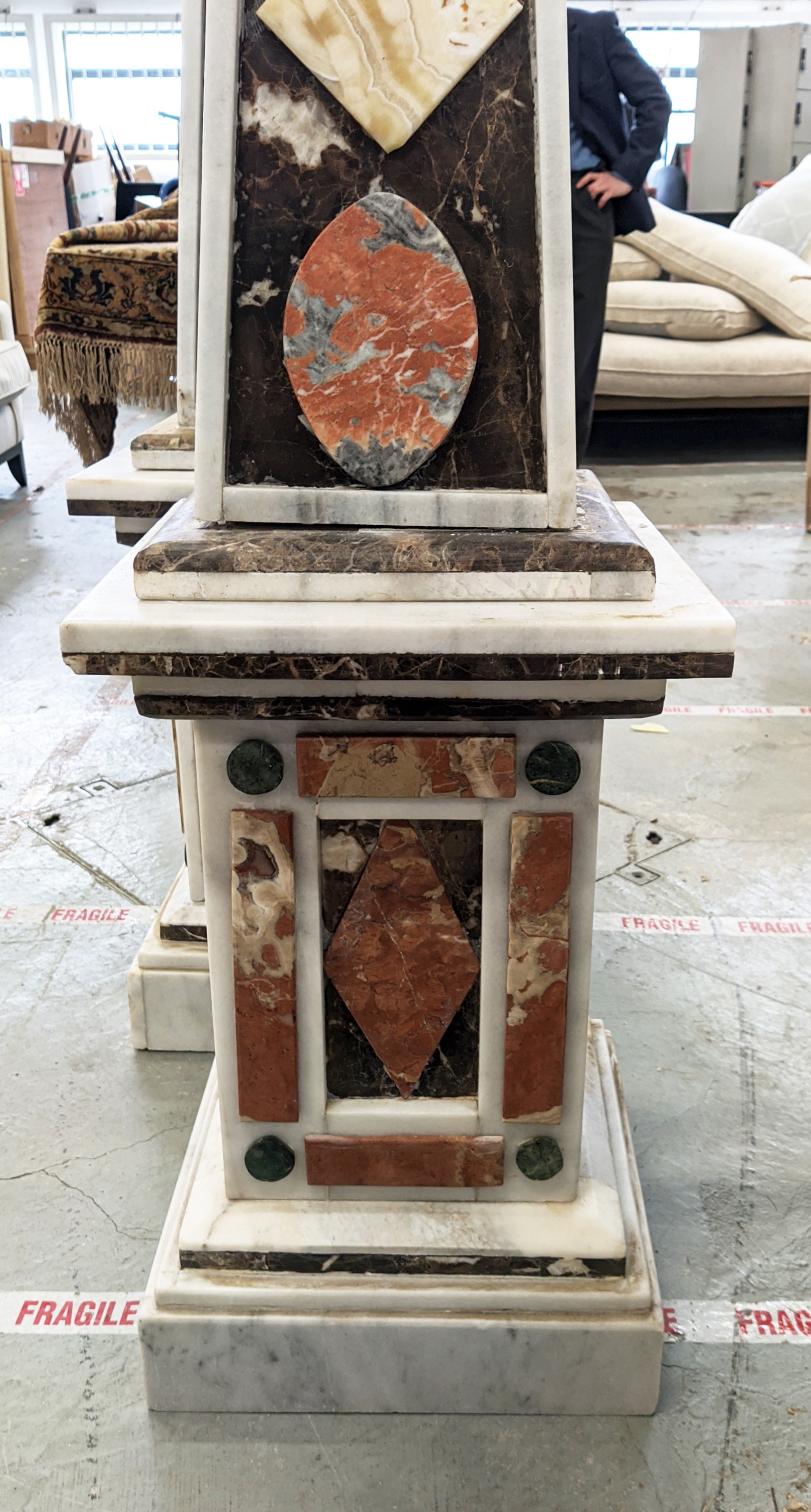 MARBLE OBELISKS, a pair, large scale with various stone applied decoration 182cm H x 40cm W. (2) - Image 3 of 5