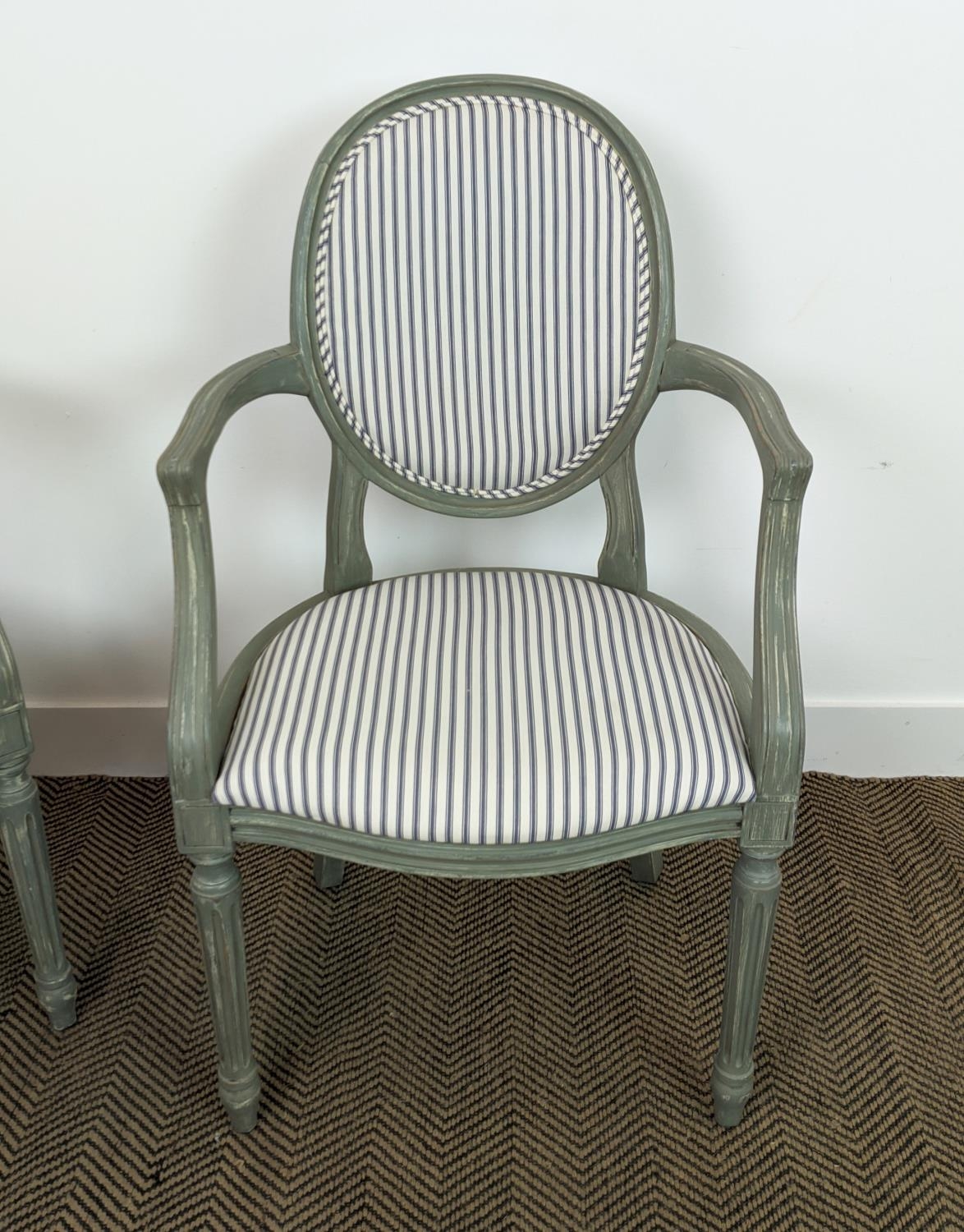 A PAIR OF LOUIS XVI STYLE FAUTEUILS, blue and grey pin stripe fabric, grey distressed finish to - Image 12 of 18