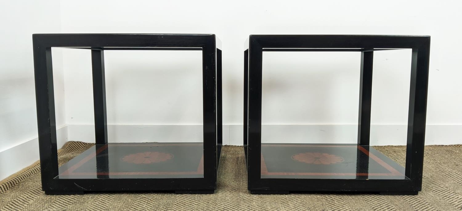 LAMP TABLES, a pair, black lacquer and inlaid with inset square glass tops, 55cm H x 60cm W. - Image 3 of 16
