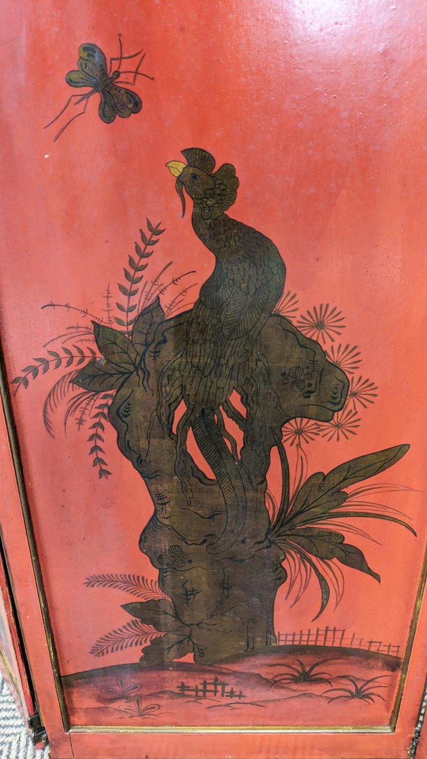 CHINOISERIE SCREEN, early 20th century red lacquer, three fold, each panel 178cm x 46cm W, with gilt - Image 14 of 24