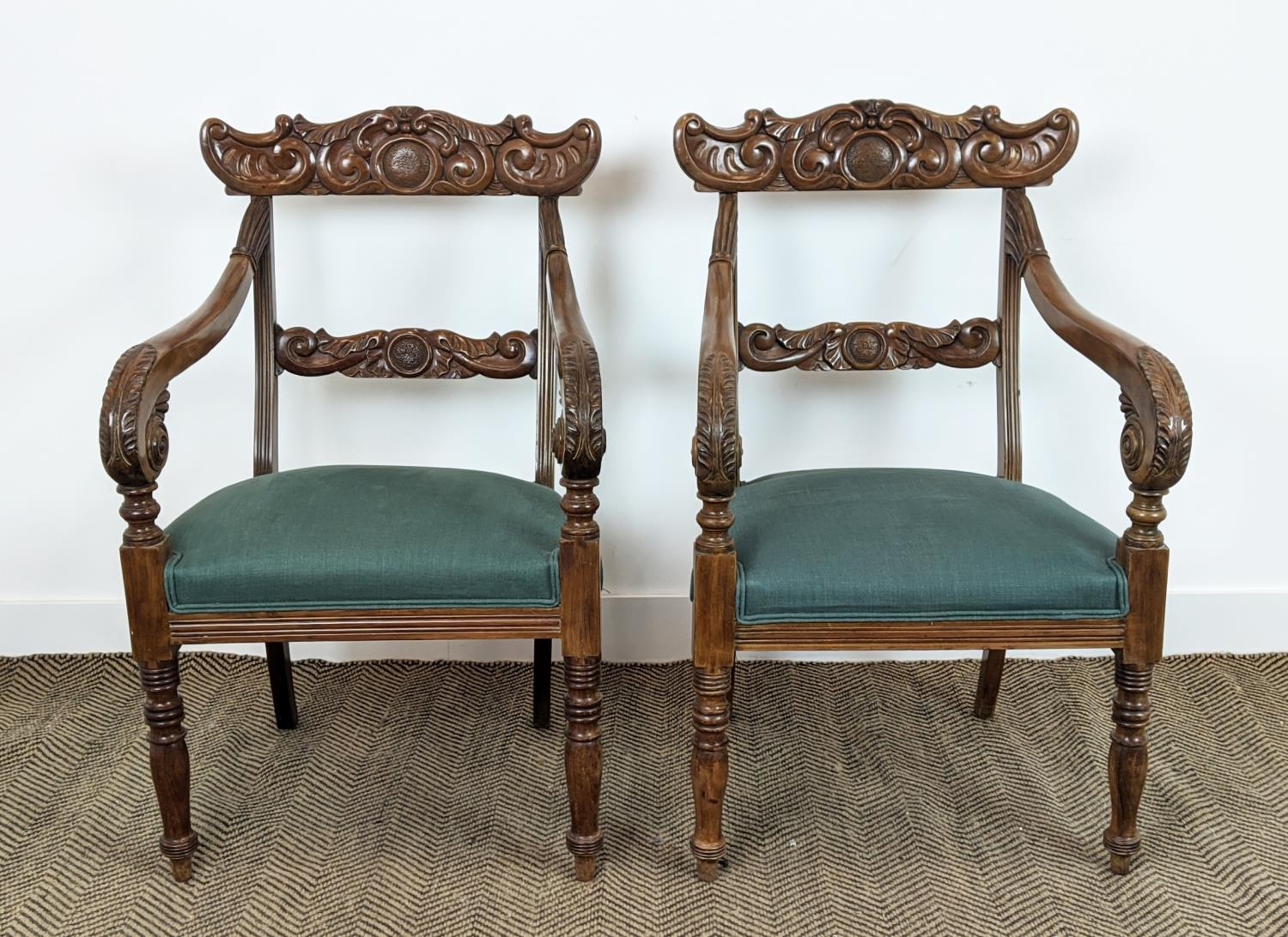 ARMCHAIRS, a pair, mid 19th century mahogany with green stuffover seats, 91cm H x 58cm x 58cm. (2)