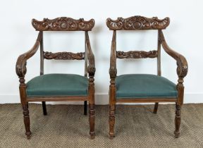 ARMCHAIRS, a pair, mid 19th century mahogany with green stuffover seats, 91cm H x 58cm x 58cm. (2)