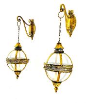 WALL HANGING GLOBE CANDLE LANTERNS, a pair, Regency style gilt metal, 80cm H x 25cm. (2)