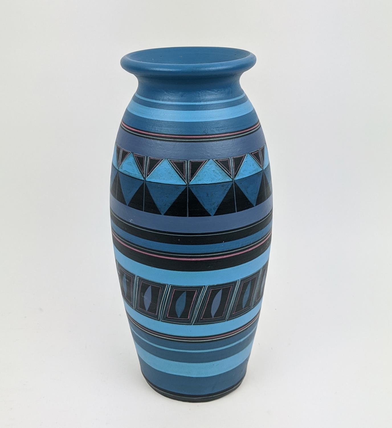 A PORTUGESE STUDIO POTTERY VASE, late 20th Century, hand painted in a geometric design, terracotta - Image 2 of 7