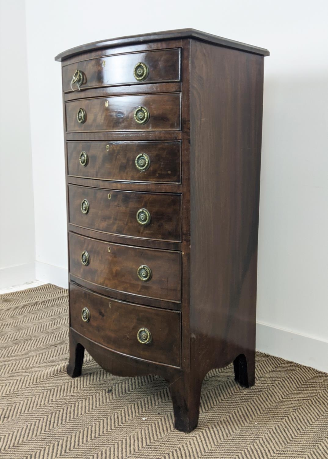 BOWFRONT NARROW CHEST, early 20th century Georgian revival mahogany with six drawers, 115cm H x 61cm - Image 4 of 10