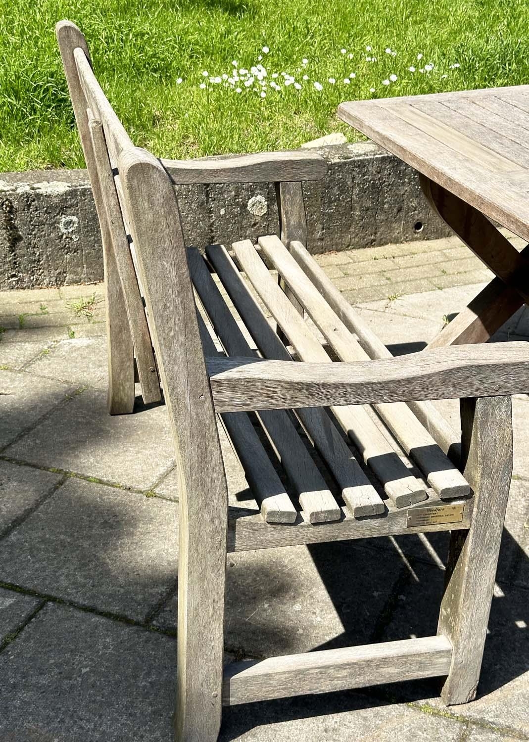 GARDEN SET BY WOODFERN, well weathered teak with substantial X frame table, 72cm H x 152cm W x - Image 6 of 22