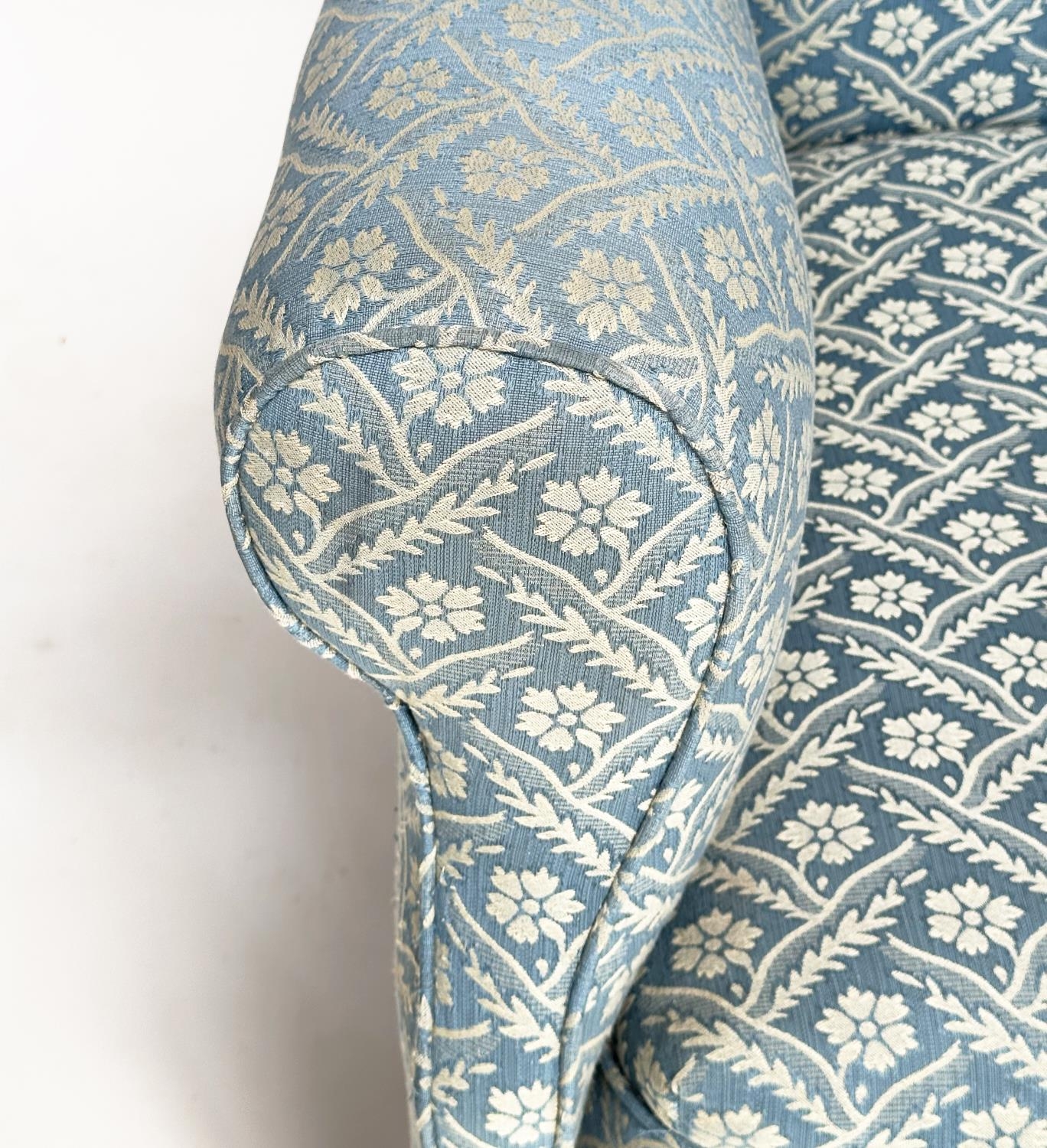 WING ARMCHAIR, Victorian geometric woven blue and white upholstered with scroll arms and turned - Image 6 of 6
