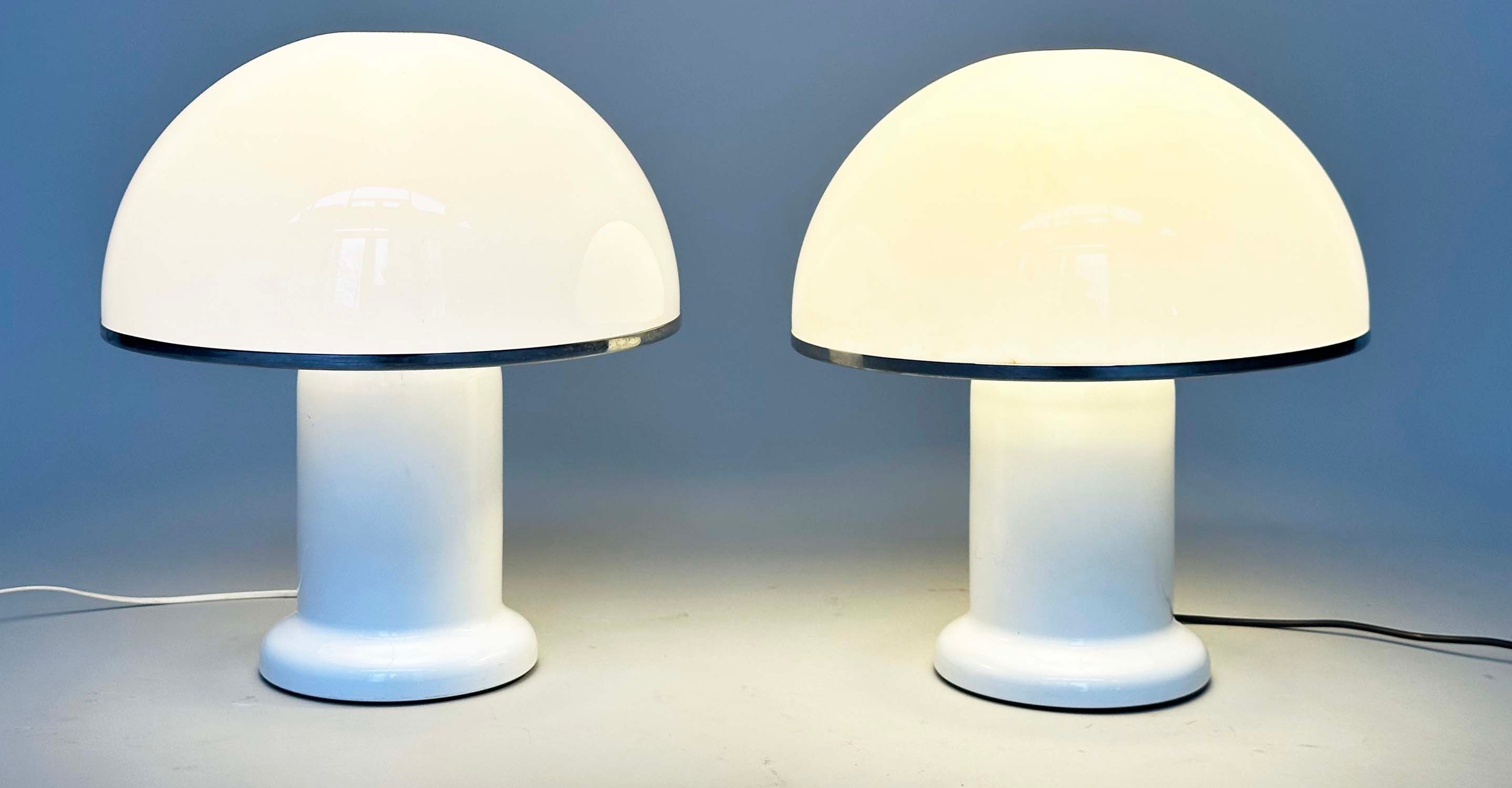 MUSHROOM LAMPS, a pair, opaque plexiglass shade and white body, 43cm H. (2) - Image 5 of 6