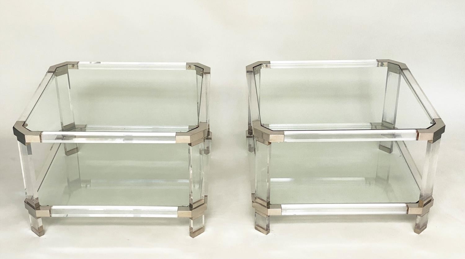 SIDE TABLES, a pair, 1970's lucite and glass, polished metal detail, 45cmx 45cm x 40cm H. (2)