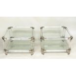 SIDE TABLES, a pair, 1970's lucite and glass, polished metal detail, 45cmx 45cm x 40cm H. (2)