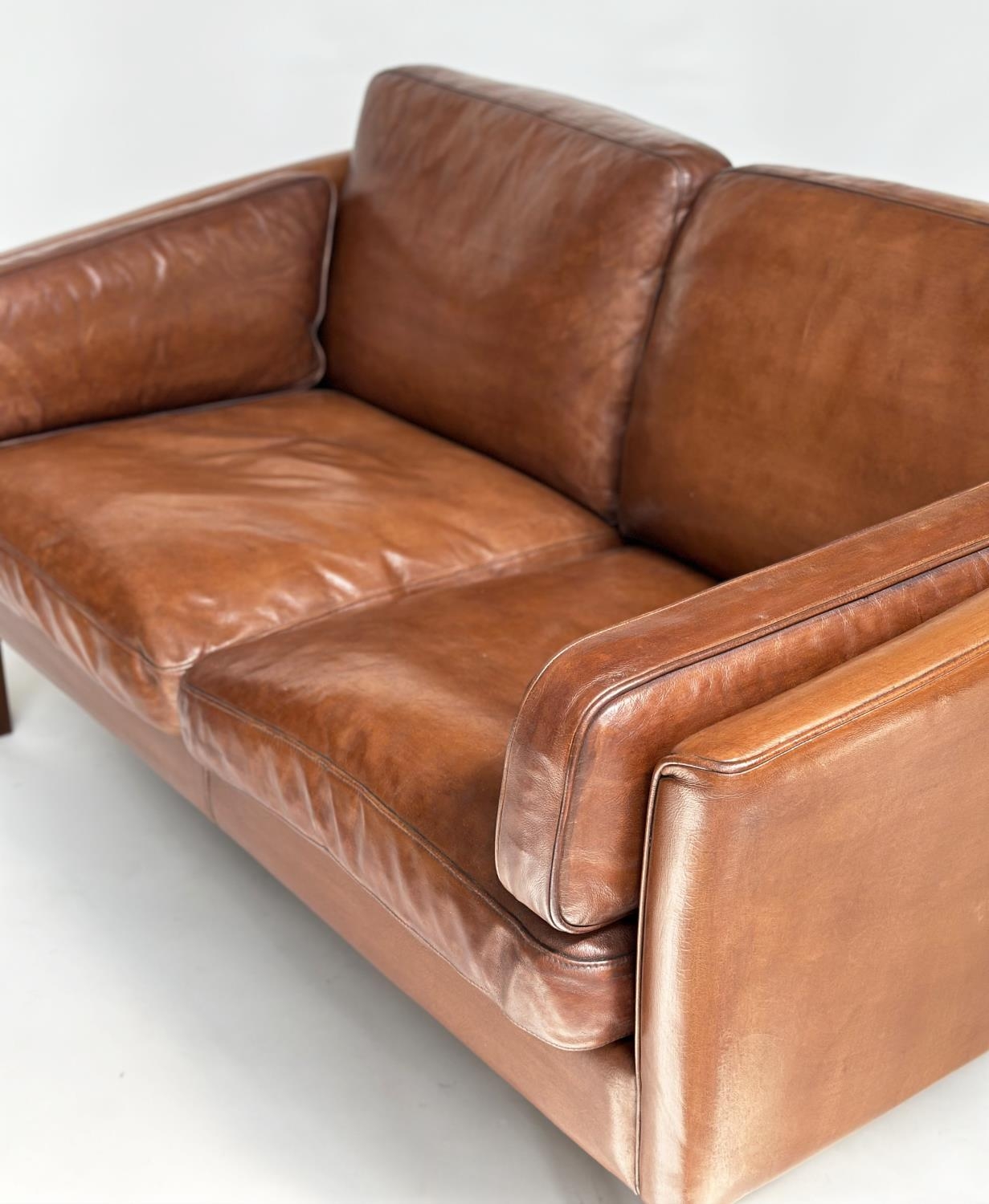 DANISH SOFA, 1970s two seater with grained natural soft tam brown leather upholstered, 150cm W. - Image 7 of 8