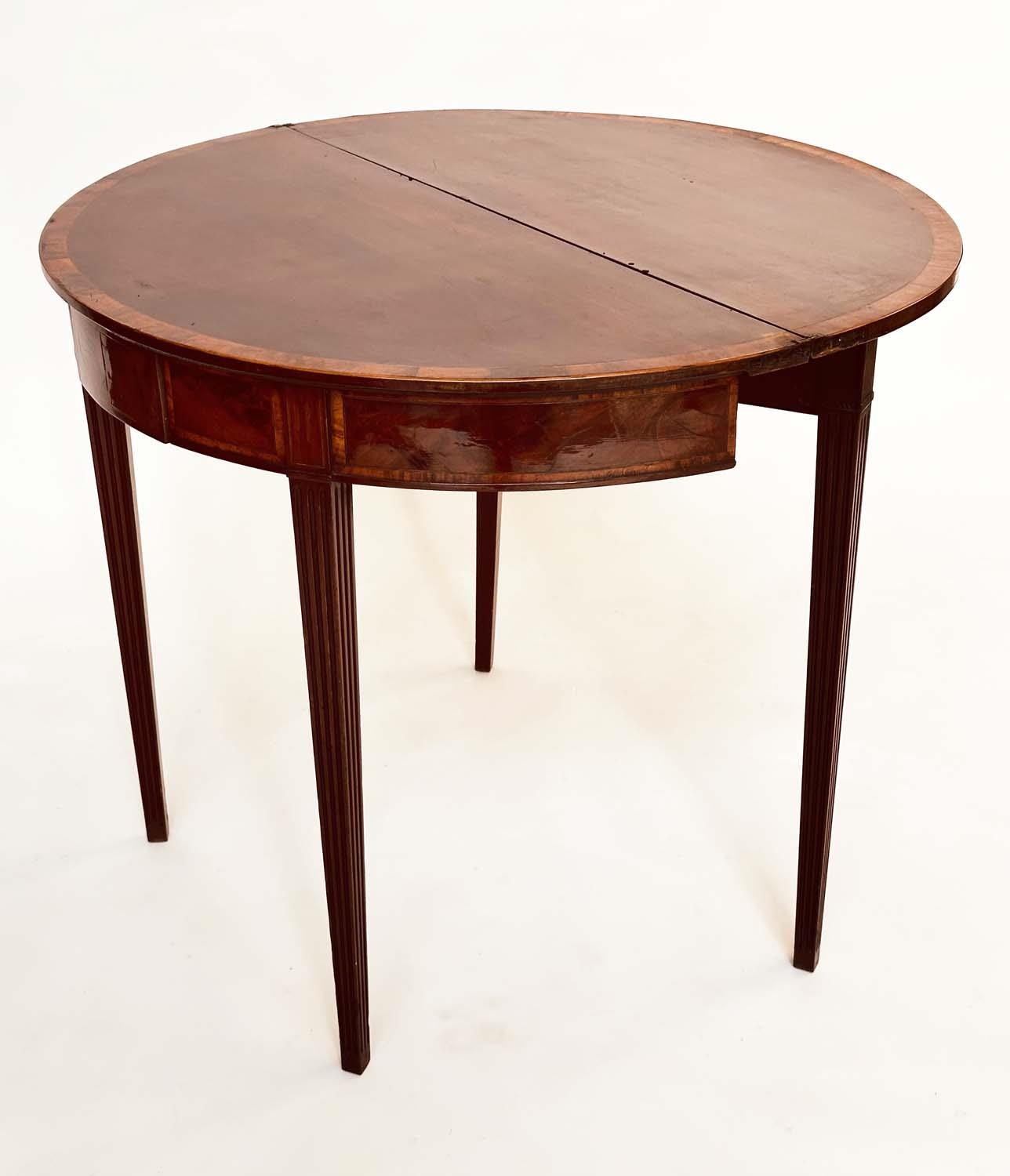 TEA TABLE, George III period flame mahogany and tulipwood crossbanded demilune foldover with - Image 6 of 8