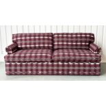 SOFA, Swedish check purple/white upholstery with scroll arms, 203cm W.