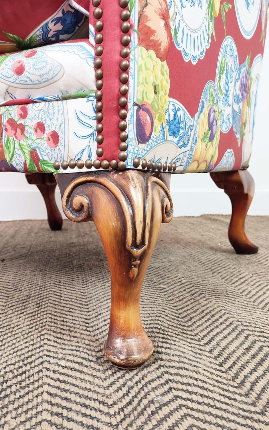 WING ARMCHAIR, Queen Anne style in Jane Churchill fruit bowl patterned fabric, 117cm H x 82cm. - Image 7 of 10