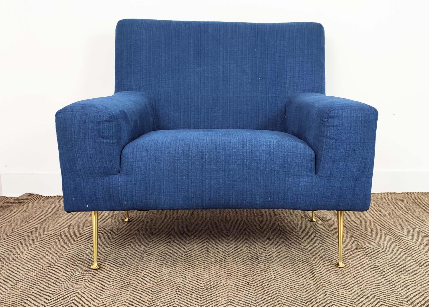 ARMCHAIR, blue chenille with brass legs, 85cm H x 97cm x 80cm. - Image 3 of 10