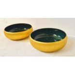 SERVING BOWLS, a pair, gilt metal with green enamel interiors, 36cm W x 11cm H (2)