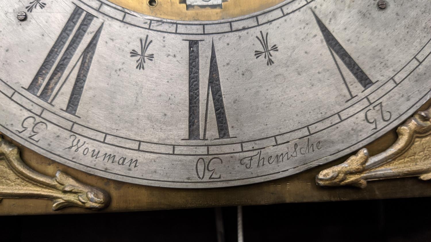 LONGCASE CLOCK, 18th century Flemish, eight day movement, silvered chapter dial, inscribed Wouman - Image 7 of 12