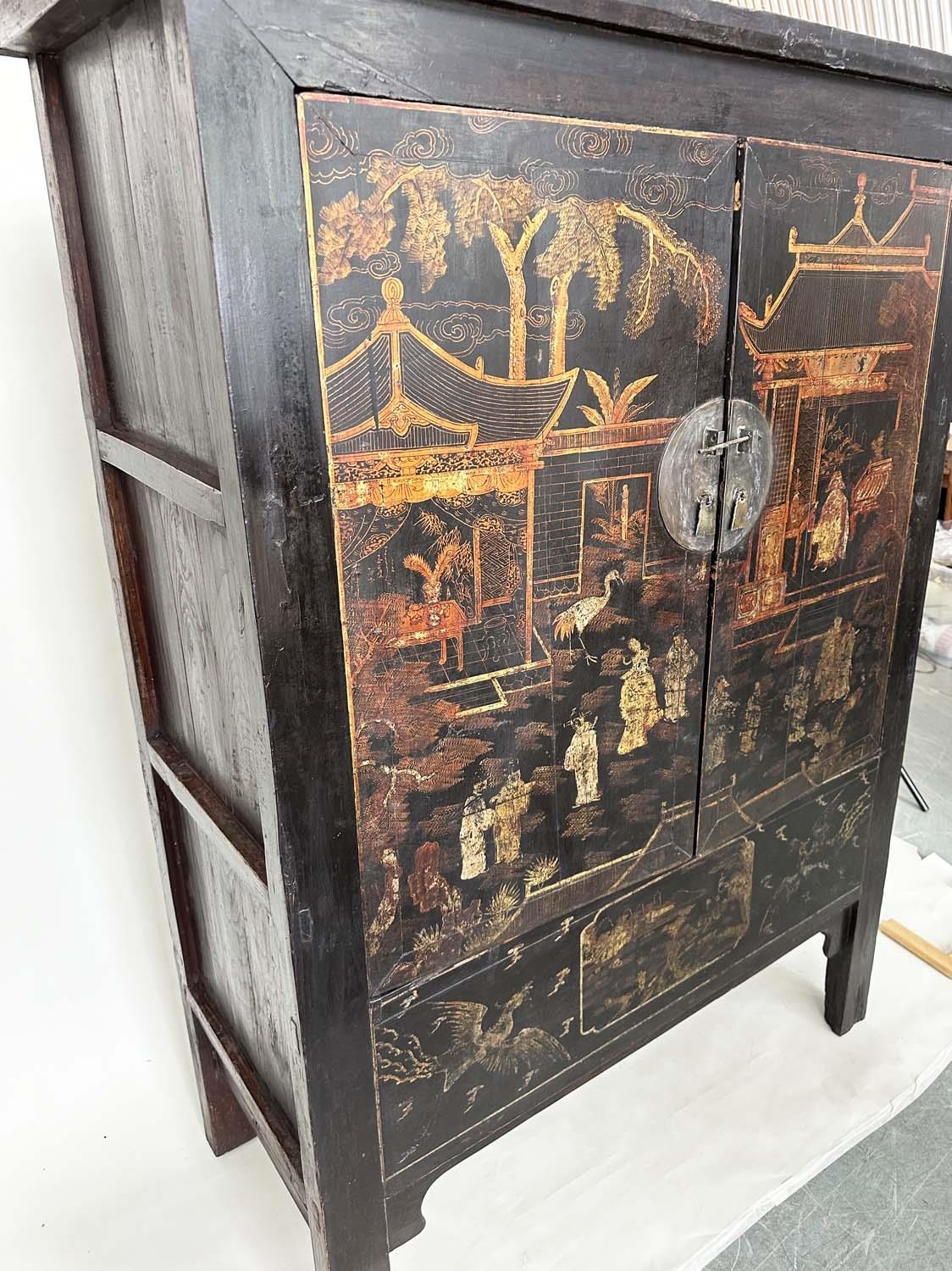 MARRIAGE CABINET, 19th century Chinese gilt and polychrome Chinoiserie decorated with two doors - Image 8 of 10