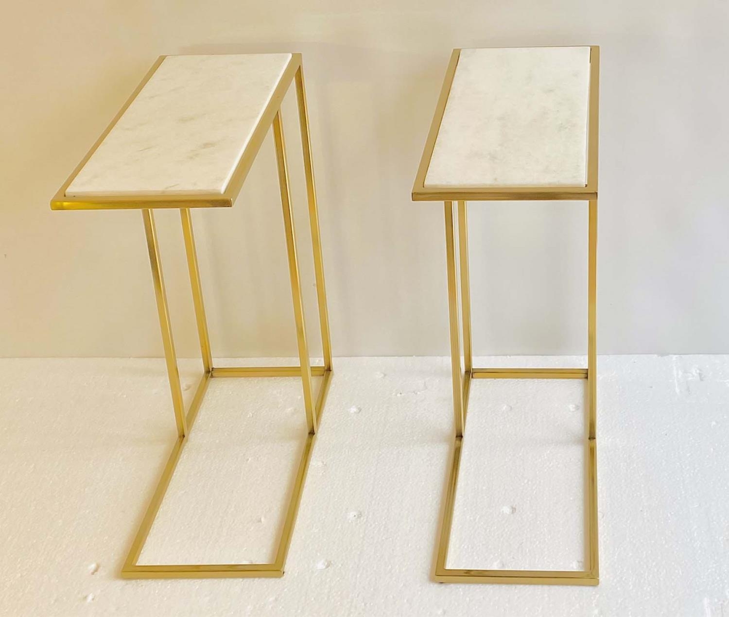 SIDE TABLES, a pair, gilt metal, white marble tops, 60cm x 46cm x 22cm. (2) - Image 4 of 6