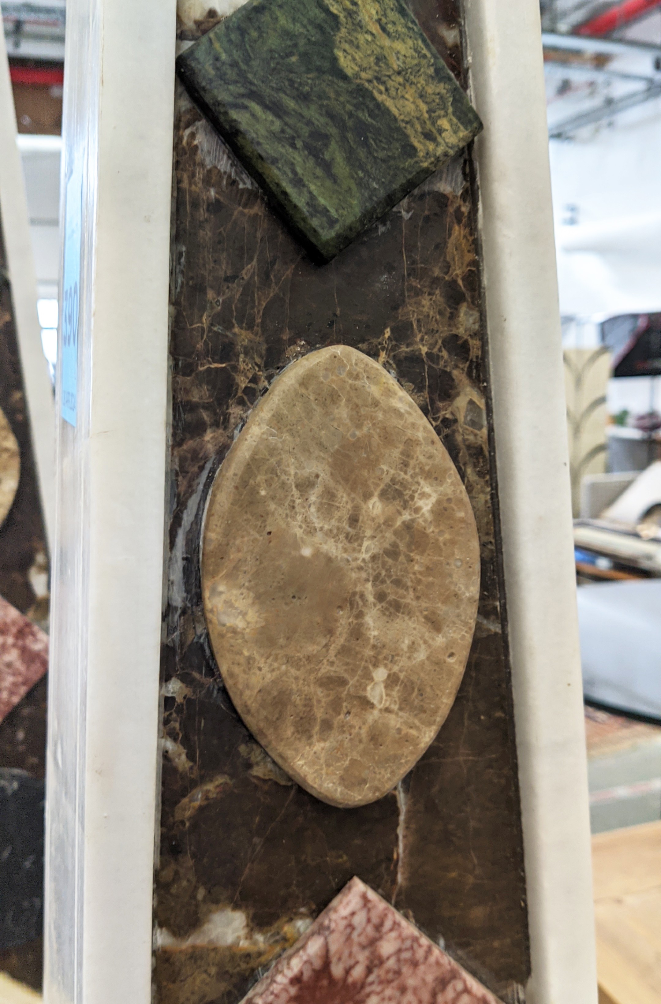 MARBLE OBELISKS, a pair, large scale with various stone applied decoration 182cm H x 40cm W. (2) - Bild 4 aus 5