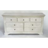 LOW CHEST, French style traditionally grey painted with seven drawers, 158cm W x 44cm D x 78cm H.