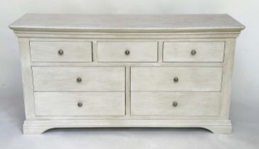 LOW CHEST, French style traditionally grey painted with seven drawers, 158cm W x 44cm D x 78cm H.