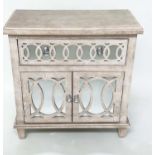 SIDE CABINET, limed oak, mirror panelled and tracery decorated with drawer and two doors, 80cm x