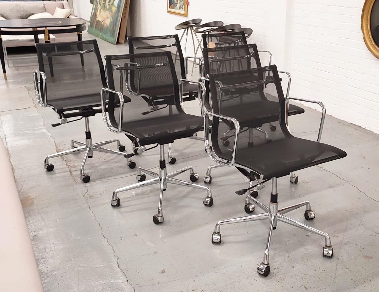 AFTER CHARLES AND RAY EAMES ALUMINIUM GROUP STYLE CHAIRS, a set of six, mesh seats and backs, each