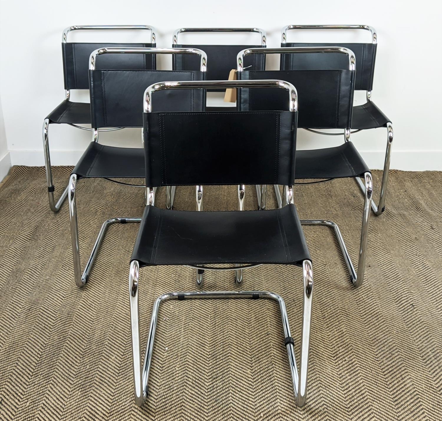 DINING CHAIRS, a set of six, Bauhaus design, tubular back chrome with leather seats, each 48cm W x