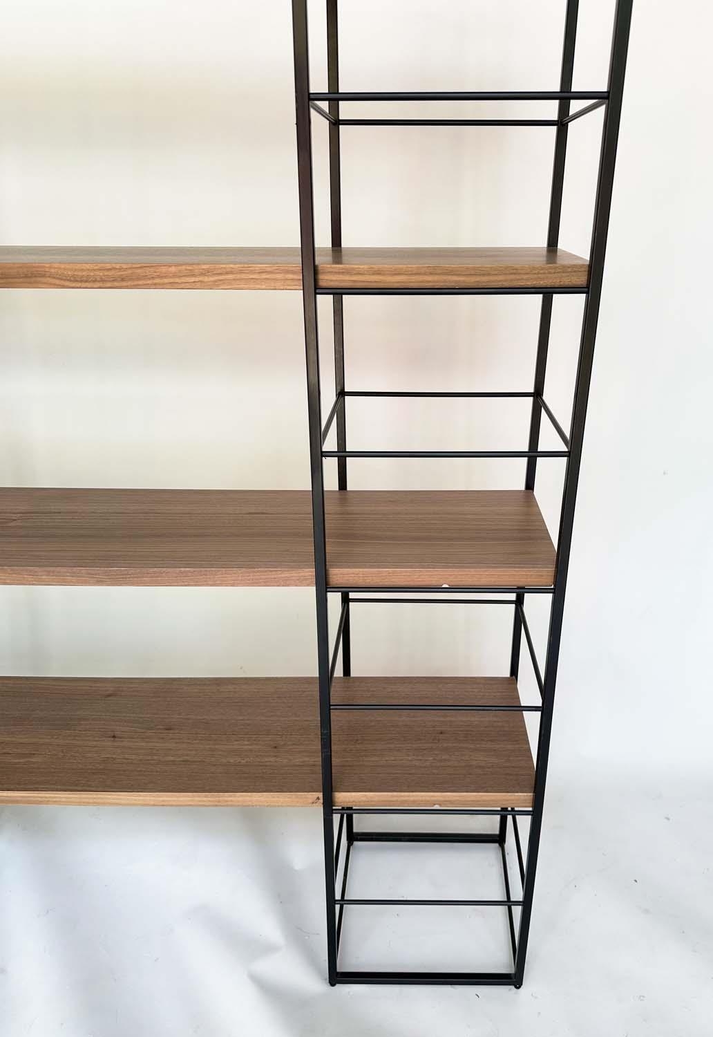 SHELVING RACK BY 'HEALS', comprising two metal towers with five walnut shelves, 150cm W x 32cm D x - Image 4 of 6