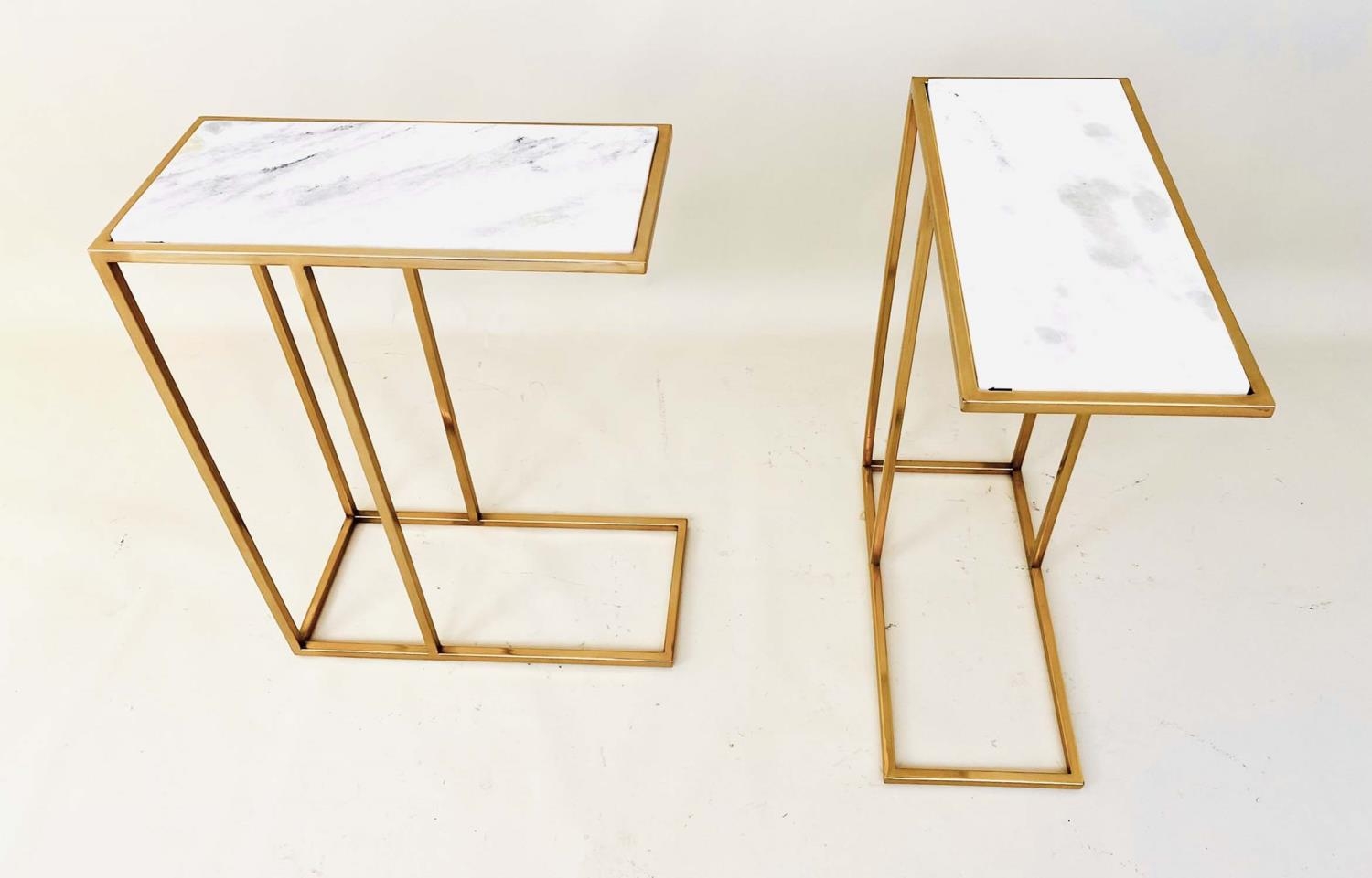 SIDE TABLES, a pair, gilt metal, white marble tops, 60cm x 46cm x 22cm. (2) - Image 5 of 6