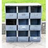 STACKING TRAYS, a set of nine, galvanised with softwood work top, 90cm x 50cm x 91cm H. (9)