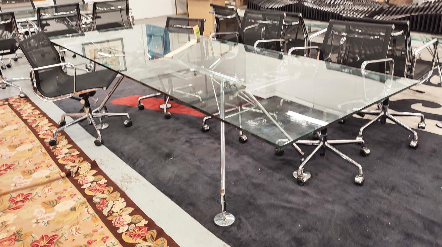 NOMOS TABLE, with a rectangular glass top on pad footed base, 280cm L x 100cm D x 74cm H.
