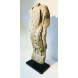 SCULPTURE ON STAND, depicting a Roman senator, faux stone, 126cm high, 47cm wide, 27cm deep.