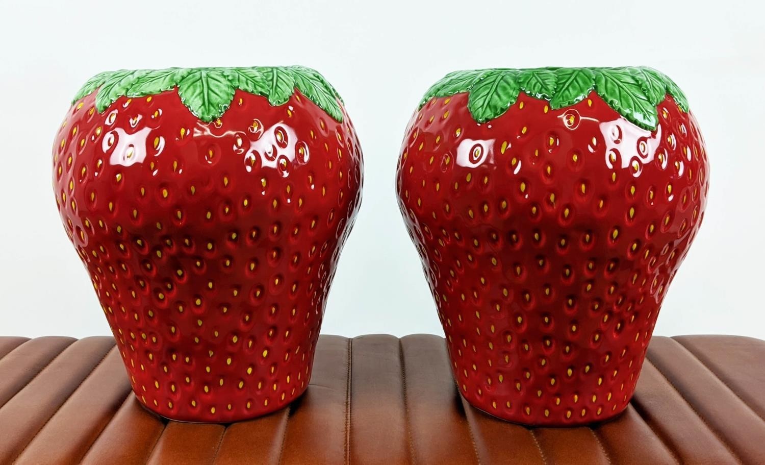 STRAWBERRY VASES, a pair, red and green glazed ceramic, 28cm H. (2)