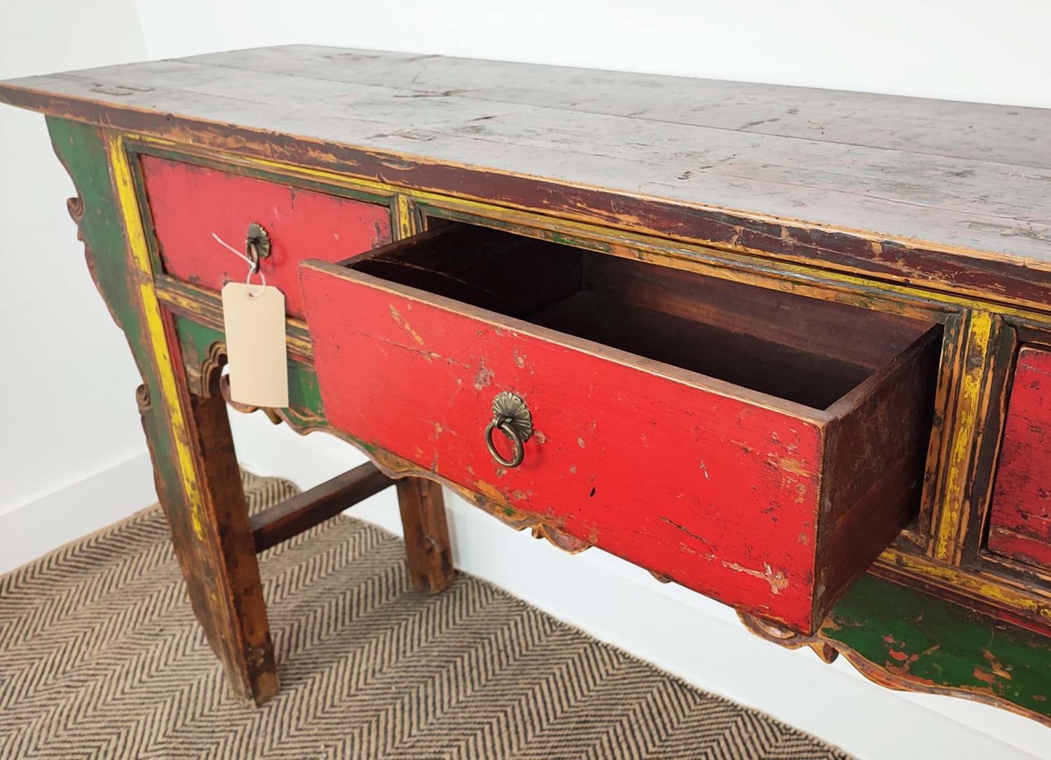 SIDE TABLE, Chinese, red, green and yellow lacquer, fitted with three drawers, 89cm H x 192cm W x - Image 14 of 16