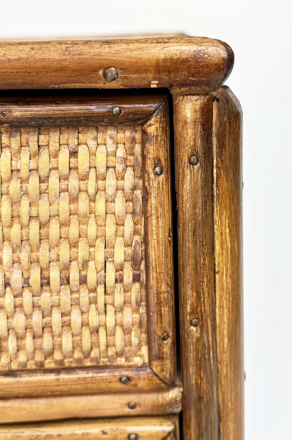 BAMBOO LAMP TABLES, a pair, vintage rattan framed wicker panelled and cane bound each with two - Image 6 of 8