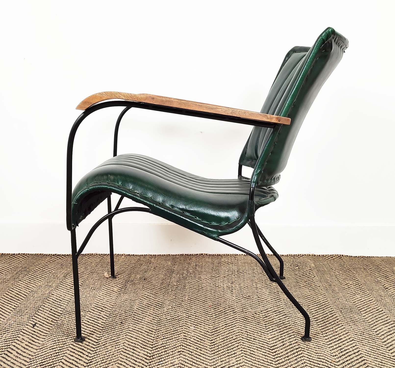 ARMCHAIRS, a pair, green leather upholstery with wooden arms and metal supports, 65cm x 75cm H x - Image 6 of 7