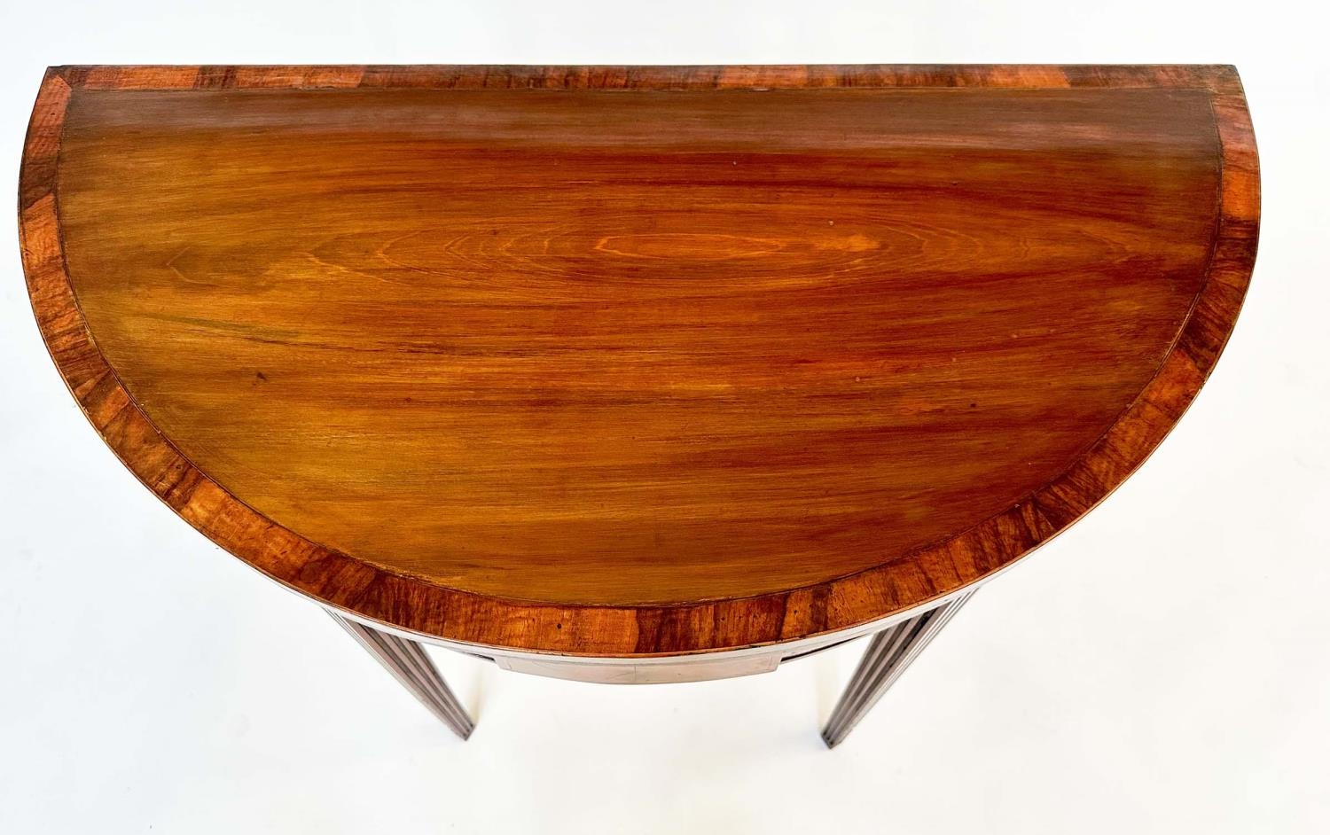 TEA TABLE, George III period flame mahogany and tulipwood crossbanded demilune foldover with - Image 5 of 8