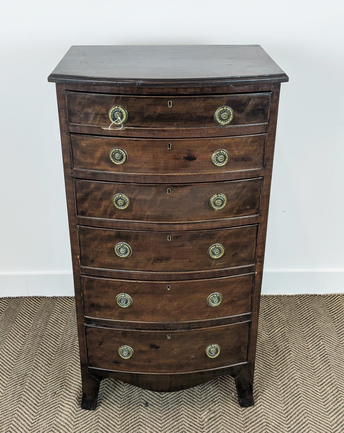 BOWFRONT NARROW CHEST, early 20th century Georgian revival mahogany with six drawers, 115cm H x 61cm - Image 2 of 10