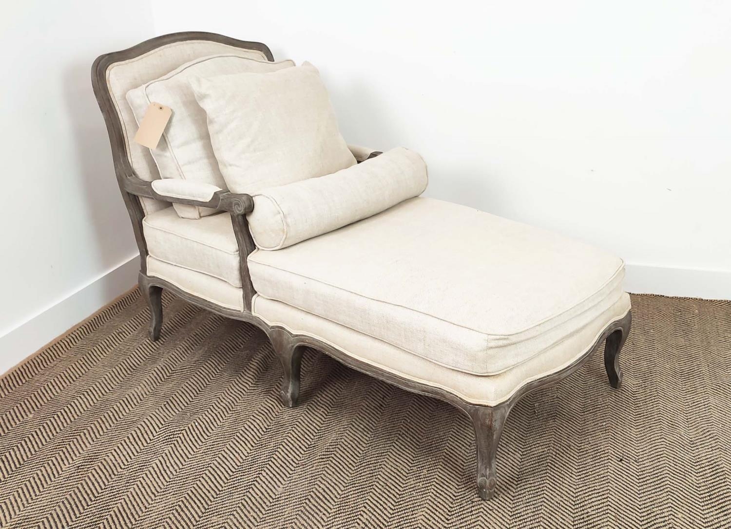 DAYBED, grey linen upholstered with a showframe, 73cm x 99cm H x 148cm L.