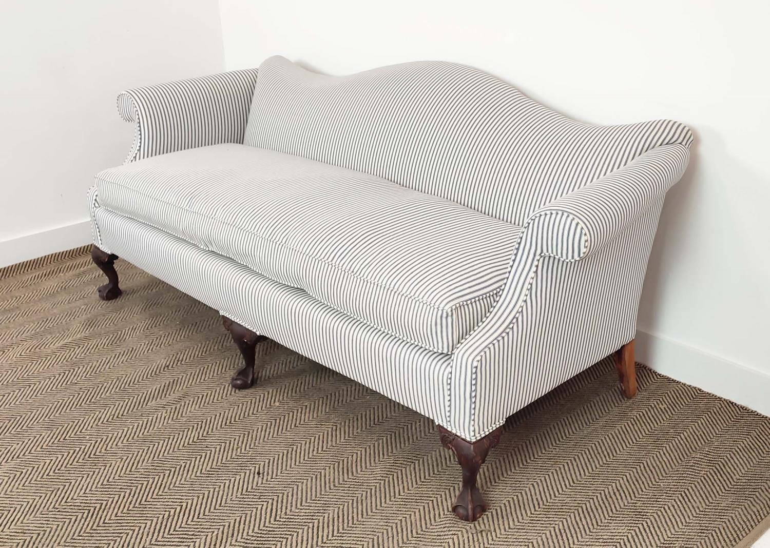 SOFA, George III style in new ticking upholstery, 85cm H x 204cm. - Image 3 of 14