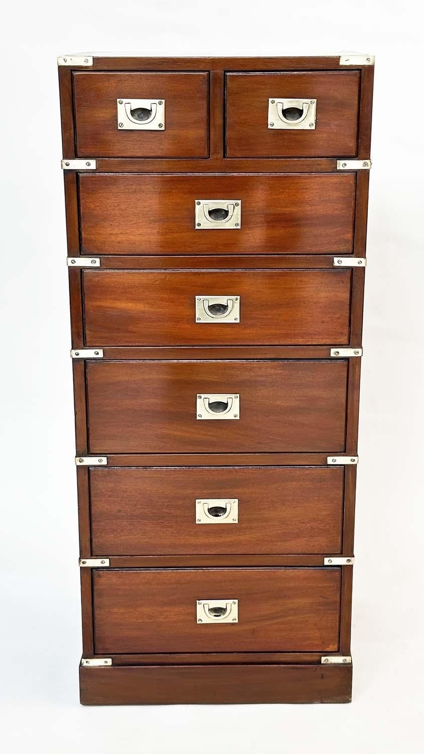 TALL CHEST, campaign style mahogany and brass bound with two short and five long drawers, 46cm W x