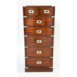 TALL CHEST, campaign style mahogany and brass bound with two short and five long drawers, 46cm W x